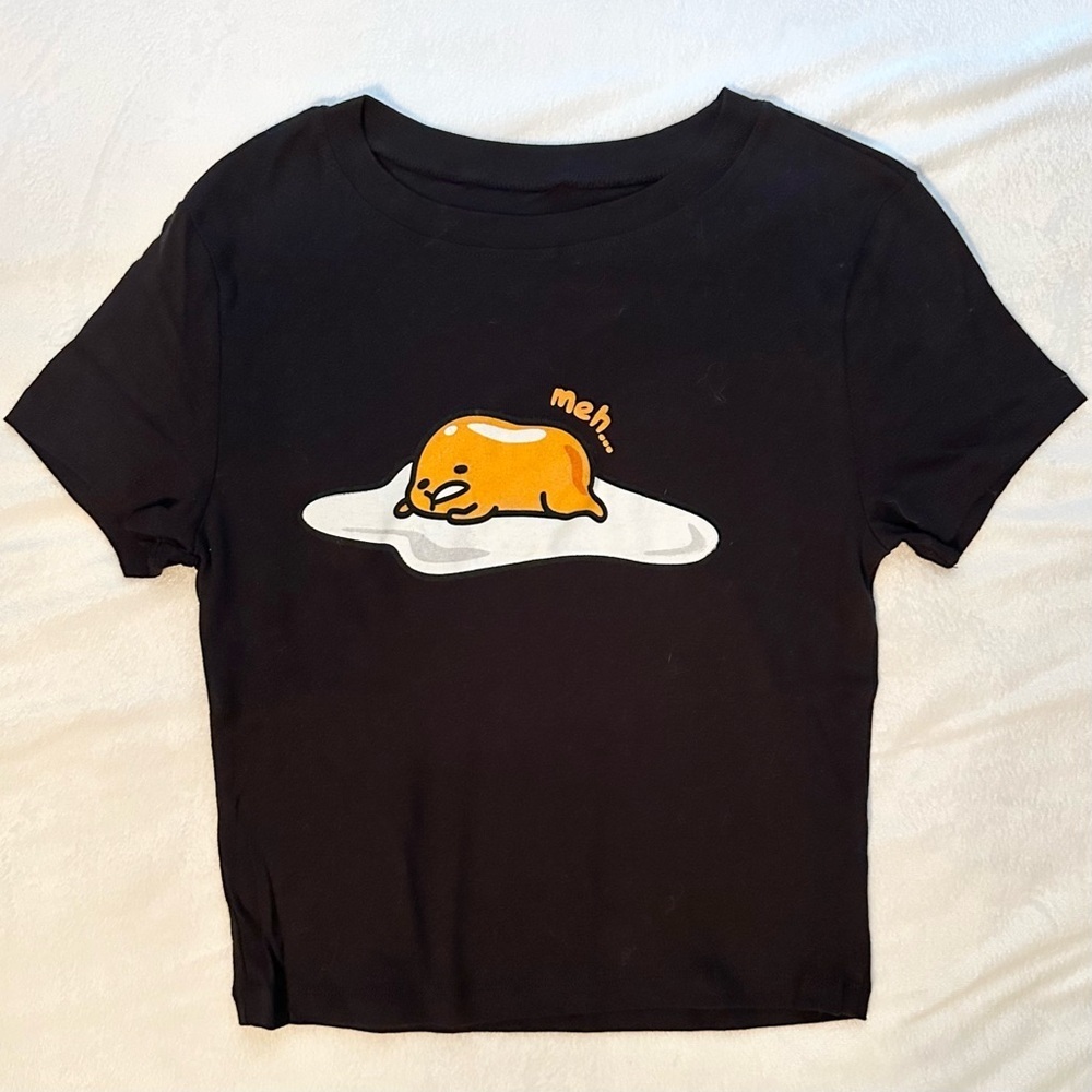 Gudetama The Lazy Egg Sanrio Meh Black Cropped T-shirt Women’s M NWT tired
